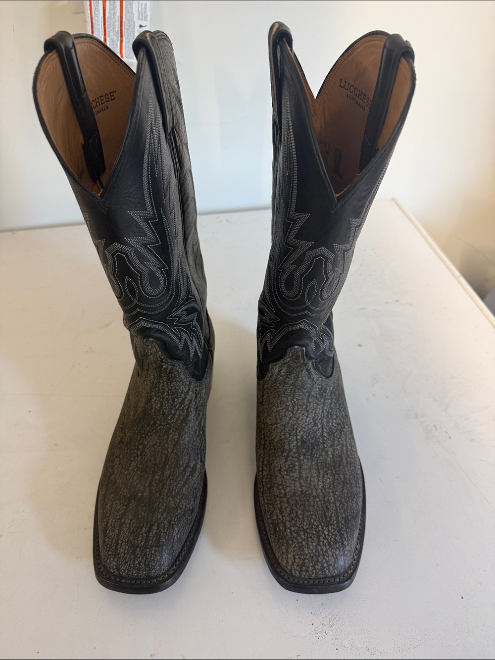 Lucchese Black Shaft Gray Textured Western Boots